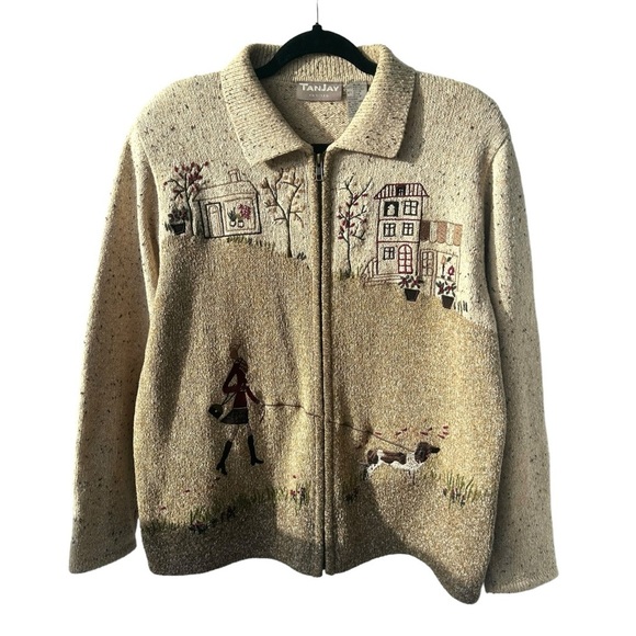 TANJAY Grannycore Cardigan Embroidered w/ Lady Walking Dog Size Petite Medium - Picture 1 of 8